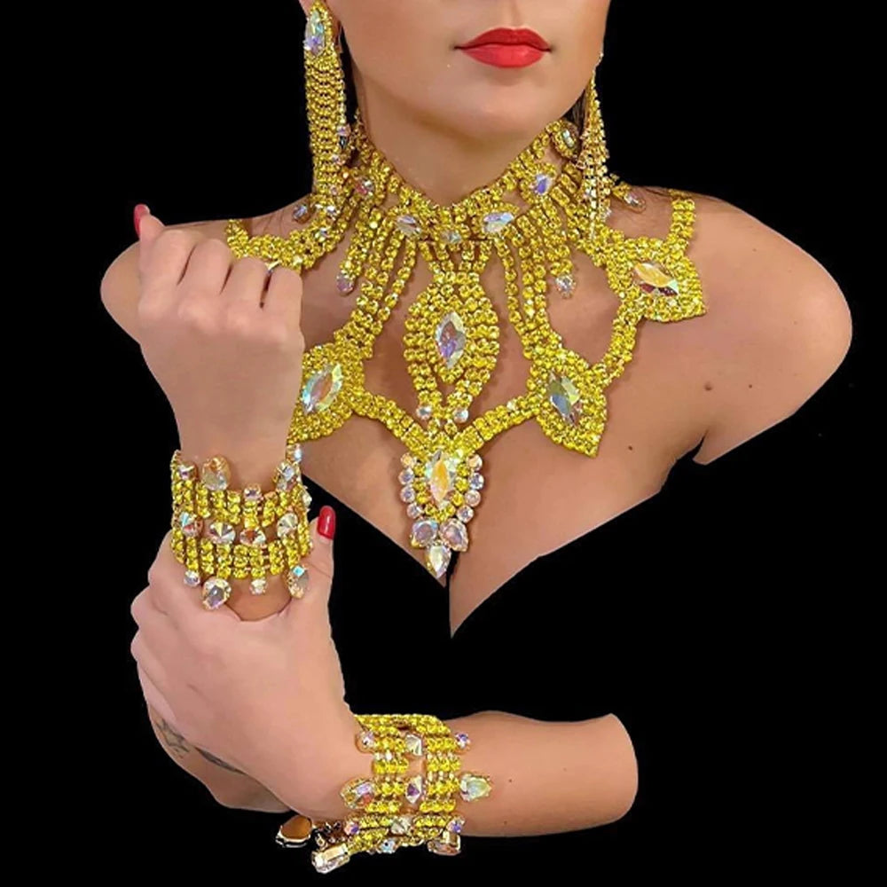 Stonefans Yellow Rhinestone Geometry Necklace Earrings Set for Women Party Exaggerate Large Crystal Jewelry Set Accessoires Gift