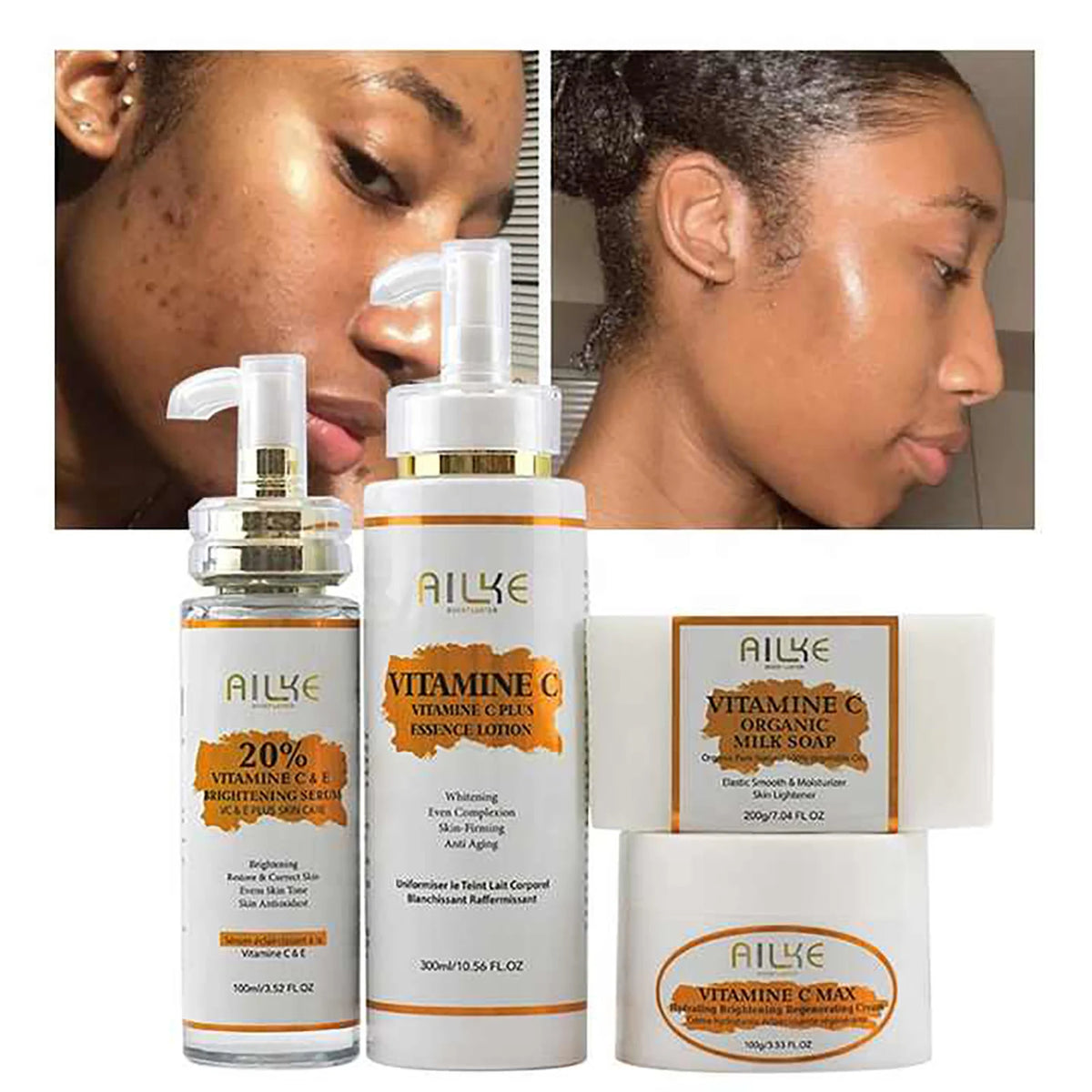 Hot Trend Vault Vitamin C skincare set with brightening serum and soap for all skin types, promoting even tone and hydration.