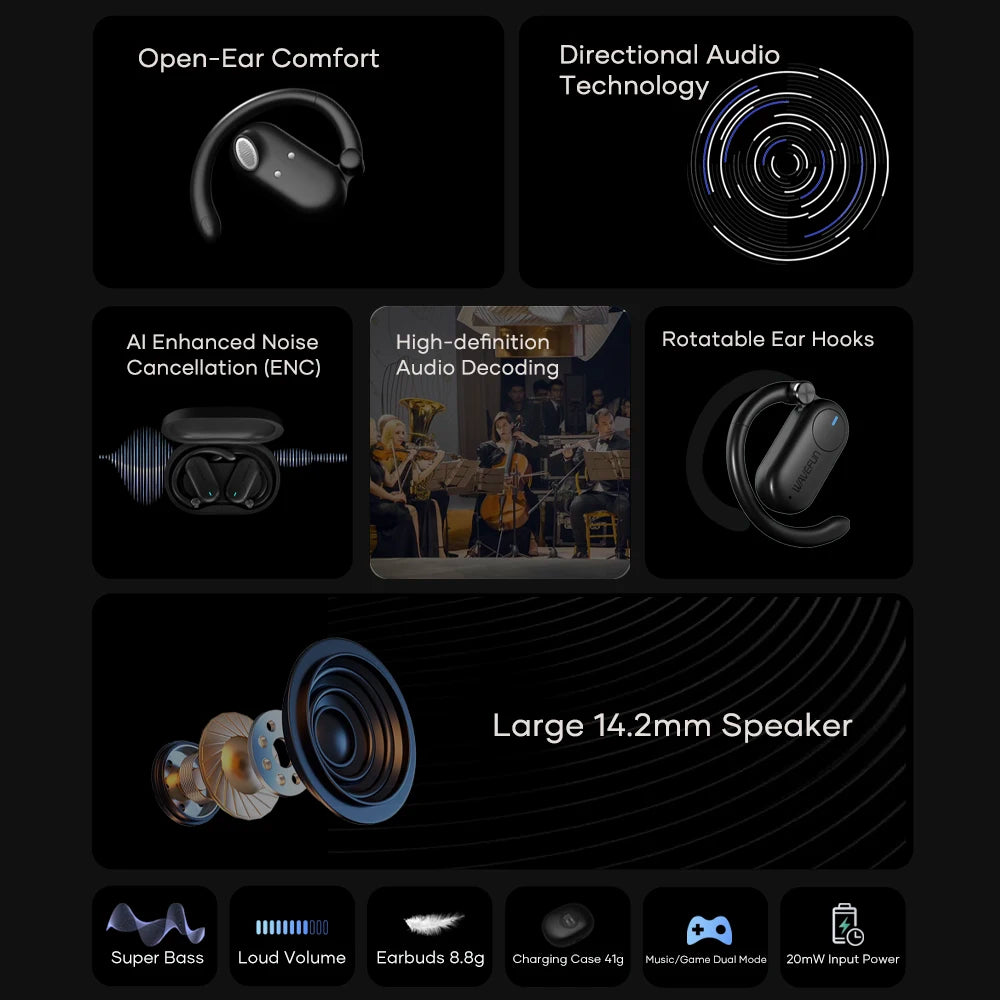 Wavefun Sense Open Ear Headphones Bluetooth Earphone with Adjustable Ear Hook Super Bass Earbuds BT5.3 Headsets with Microphone
