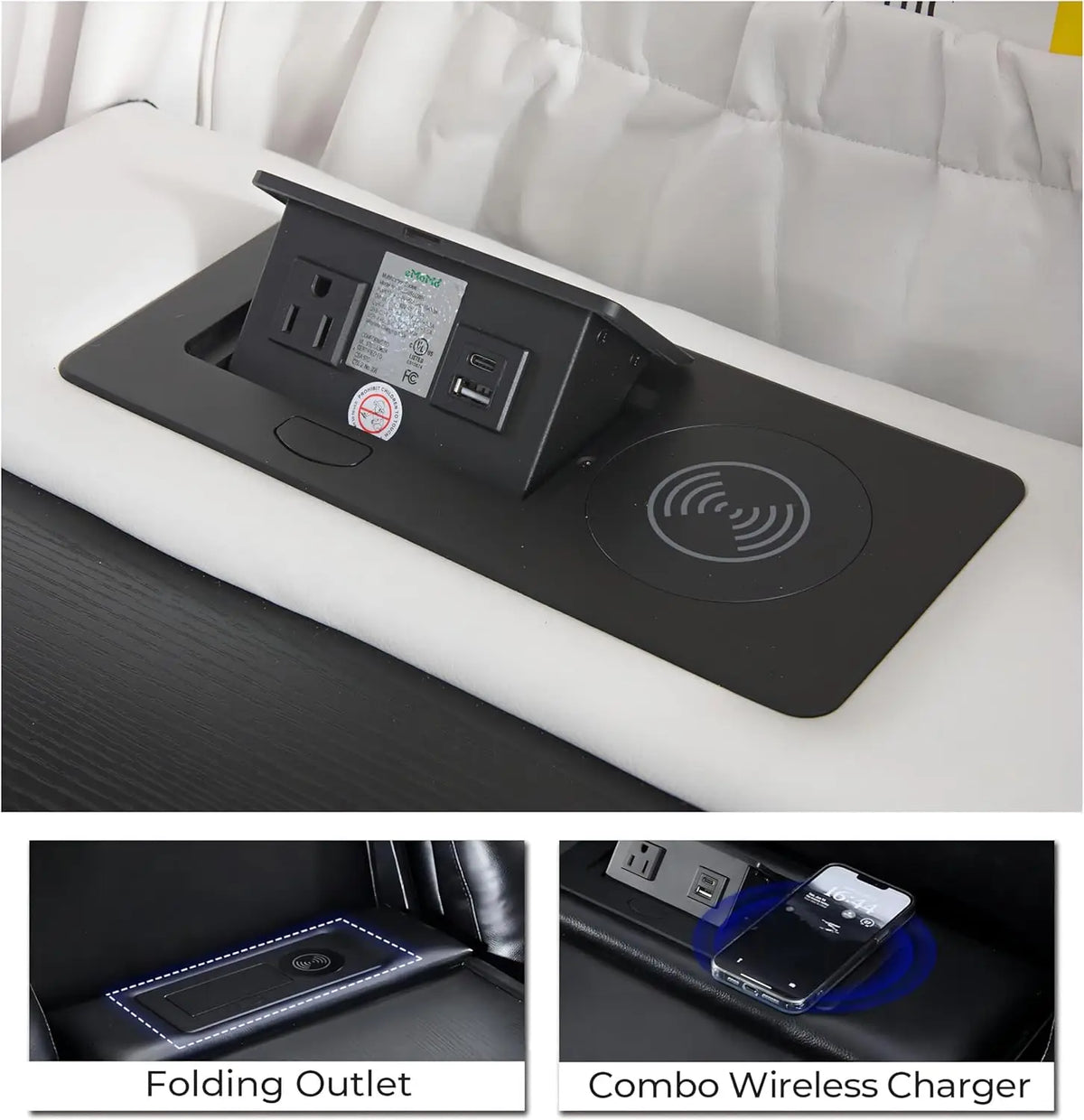 Hot Trend Vault Todrani Premium 0 Gravity Power Reclining Sofa with wireless charger, USB Type-C, and LED floor lights in a modern living room.