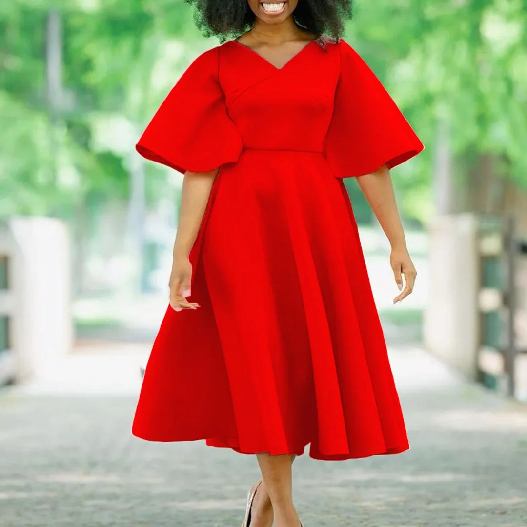 Elegant Dresses for Women V Neck Flare Sleeve High Waisted Pleated A Line Mid Calf Luxury Birthday Party Dinner Vestidos Mujer