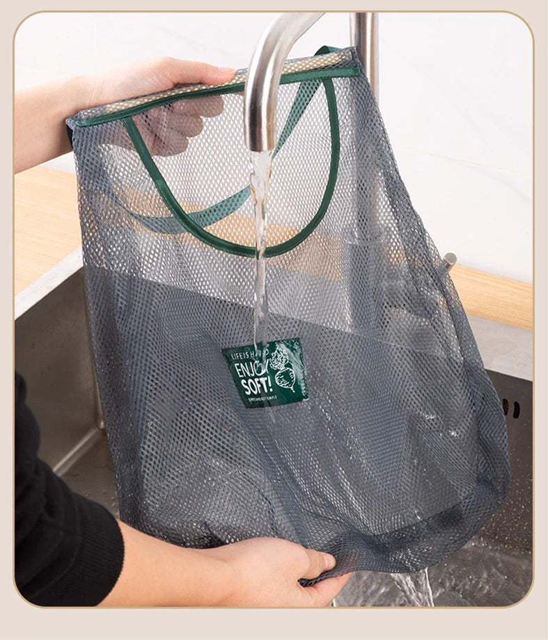 Reusable mesh storage bags hanging for kitchen vegetables, by Hot Trend Vault, showcasing breathable design and convenient hanging storage.