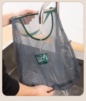 Reusable mesh storage bags hanging for kitchen vegetables, by Hot Trend Vault, showcasing breathable design and convenient hanging storage.