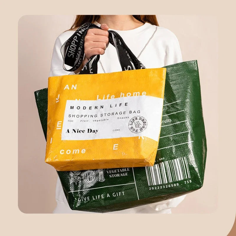 Foldable reusable waterproof shopping tote by Hot Trend Vault, eco-friendly tote bag with handles, compact and durable for shopping.