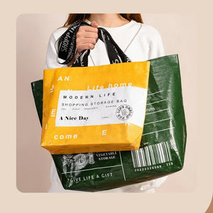 Foldable reusable waterproof shopping tote by Hot Trend Vault, eco-friendly tote bag with handles, compact and durable for shopping.