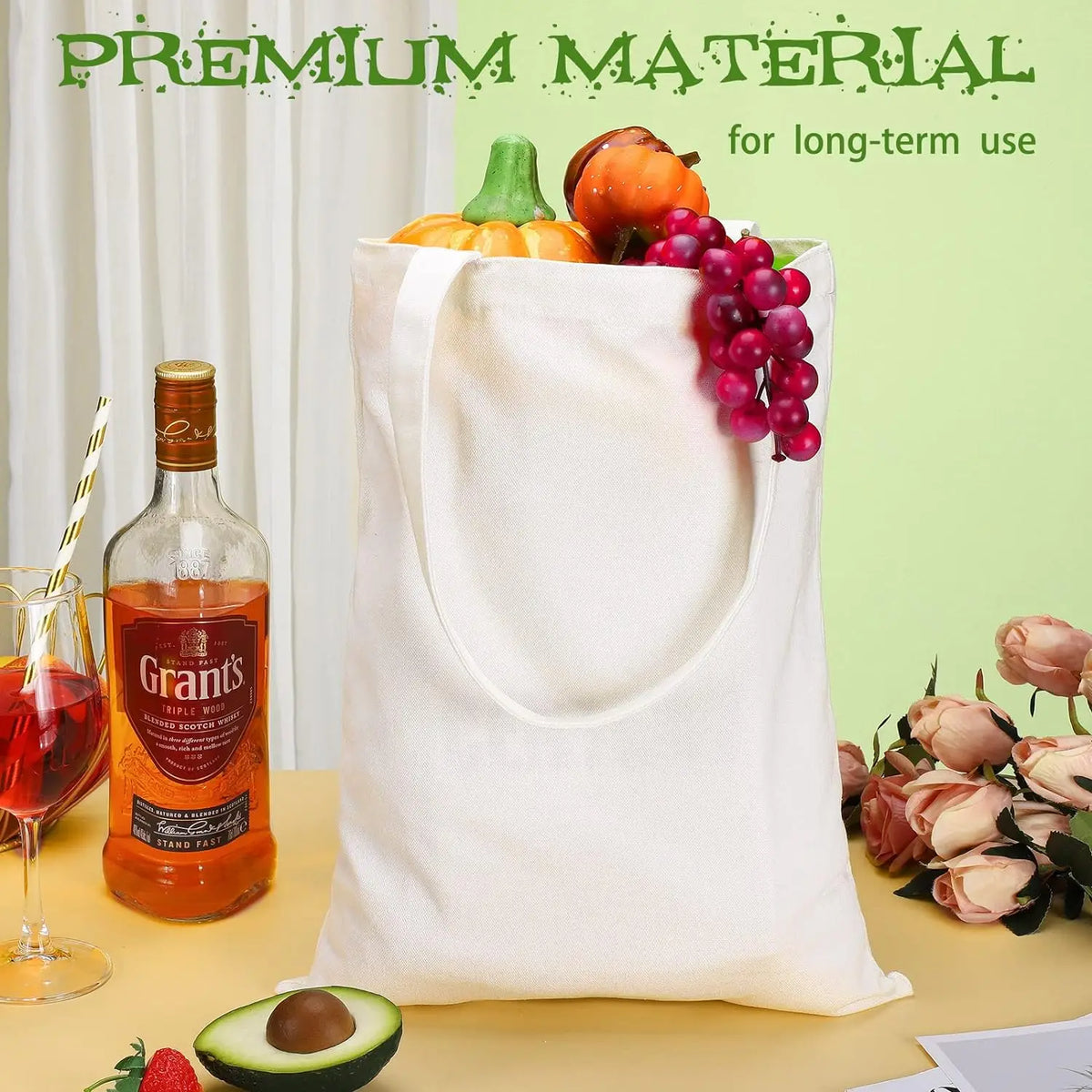 Six durable eco-friendly canvas tote bags by Hot Trend Vault for reusable grocery shopping, featuring natural woven design.