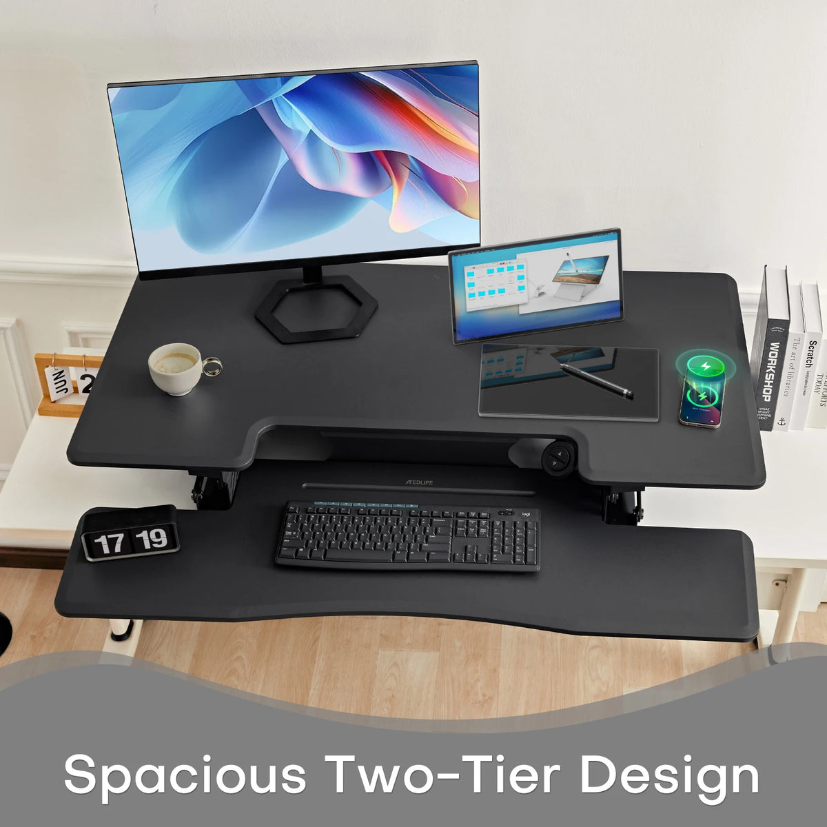 Redlife standing desk converter with built-in wireless charger, suitable for office use, by Hot Trend Vault.