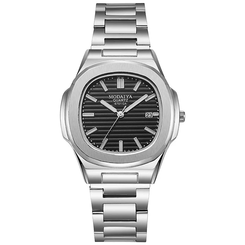 Square quartz men's watch with stainless steel band and striped dial by Hot Trend Vault, stylish accessories for modern men.
