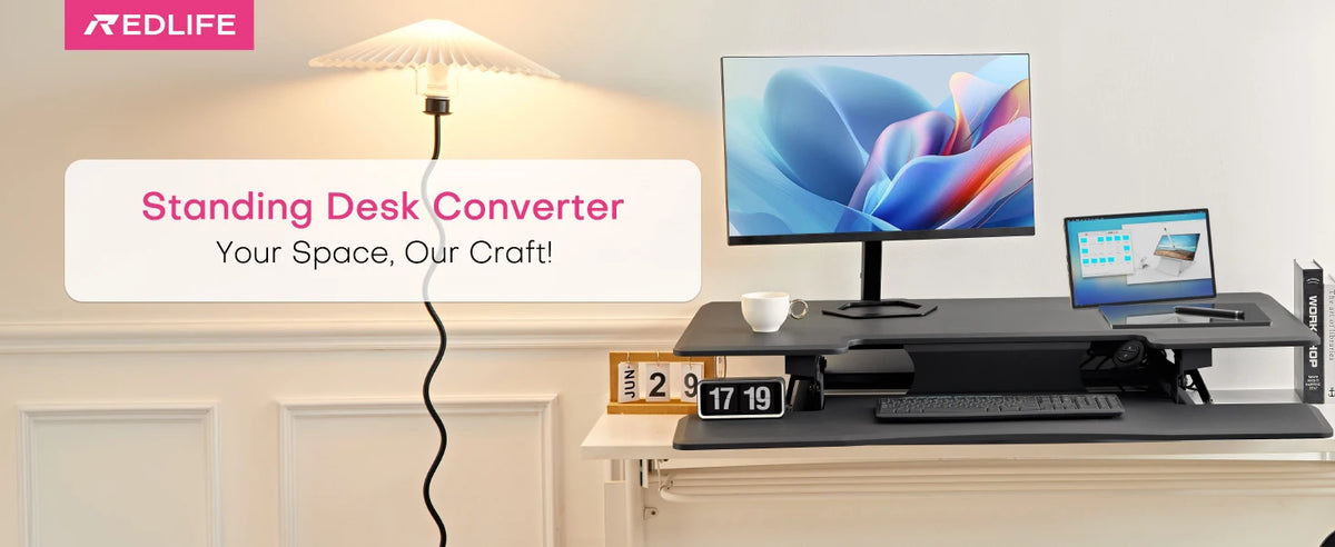 Redlife standing desk converter with built-in wireless charger from Hot Trend Vault, showing ergonomic design for office use.