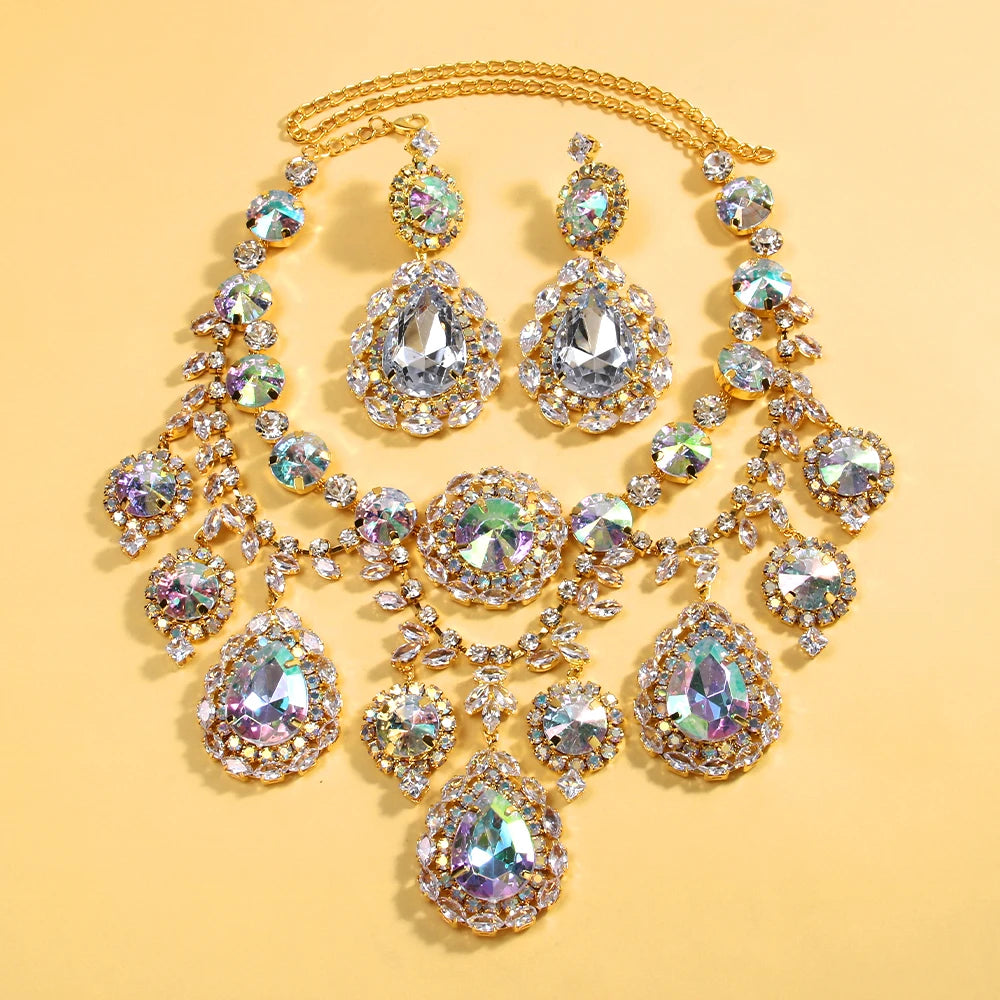 Stonefans Water Drop Exaggerated Jewelry Sets Queen Accessories  Statement Colorful Rhinestone African Necklace Set for Women