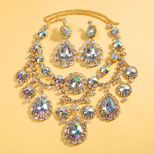 Colorful rhinestone jewelry set for women featuring a water drop necklace and matching earrings by Hot Trend Vault.