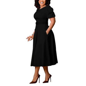 Elegant Dresses for Women 2026 New O Neck Short Sleeve Belt Waisted Pleated Mid Calf Fashion Ladies Birthday Party Dinner Dress