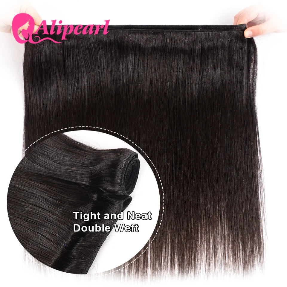 AliPearl Women Remy Brazilian straight bundles with 4x4 closure, natural black hair, and smooth, sleek texture.