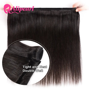 Remy Brazilian straight hair bundles with 4x4 closure, natural shine and texture, by AliPearl for women.