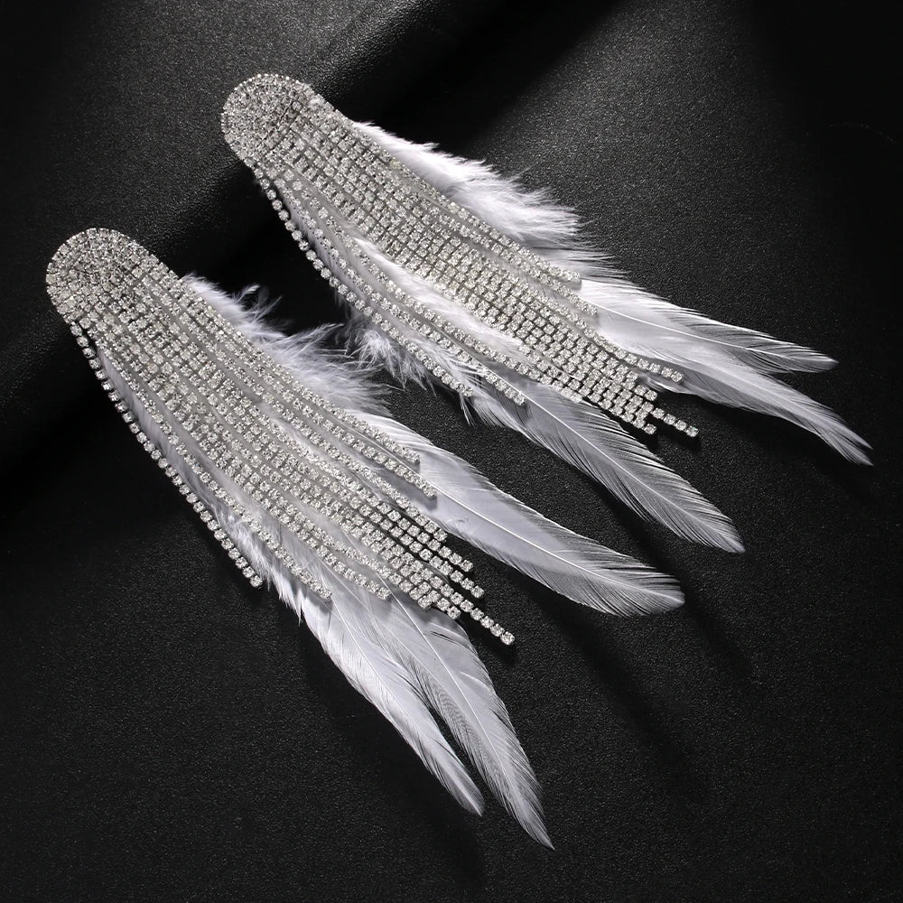 Stonefans Tassel Feather Earrings by Hot Trend Vault with geometric crystal drops and boho style for women’s wedding jewelry