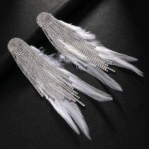 Stonefans Tassel Feather Earrings by Hot Trend Vault with geometric crystal drops and boho style for women’s wedding jewelry