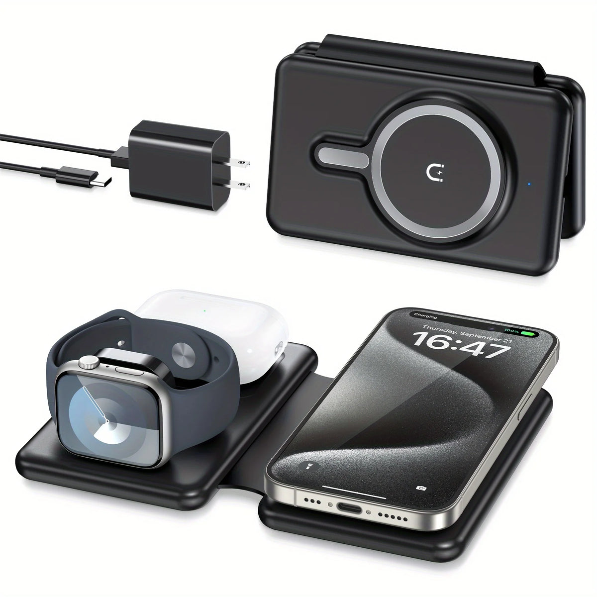 Hot Trend Vault 3-in-1 magnetic wireless charger for travel, fast 18W portable charging pad for phones, smartwatches, and earphones.