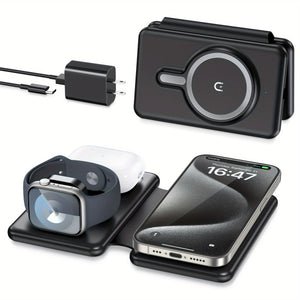 Hot Trend Vault 3-in-1 magnetic wireless charger for travel, fast 18W portable charging pad for phones, smartwatches, and earphones.