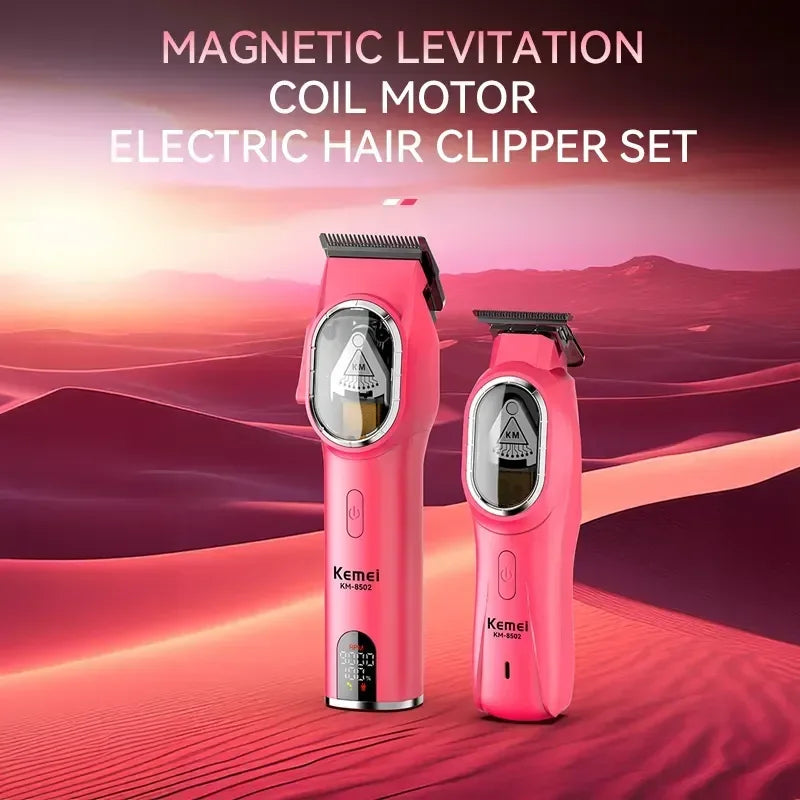 Cordless Kemei KM-8502 hair clipper kit with adjustable blades and attachments for home grooming, displayed on a clean surface.
