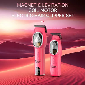 Cordless Kemei KM-8502 hair clipper kit with adjustable blades and attachments for home grooming, displayed on a clean surface.