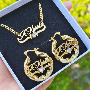 2 Pcs Set Custom Name Jewelry Set Personalized Birthstone Name Necklace 30mm/50mm Heart Bamboo Hoop Earrings for Christmas Gift