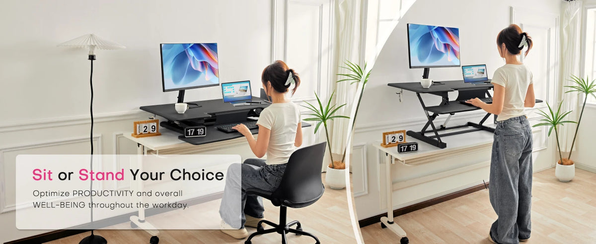 Redlife standing desk converter by Hot Trend Vault with built-in wireless charger for ergonomic office workspace.