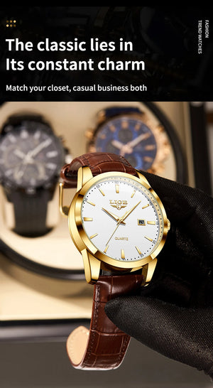 Men's LIGE leather chronograph watch with waterproof and military-style design, featuring a black dial and leather strap.