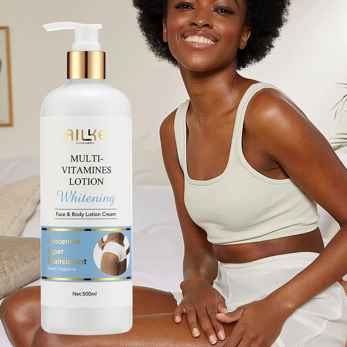Hydrating AILKE Whitening Skin Care for women to reduce dark spots, featuring a sleek bottle with a pump dispenser.
