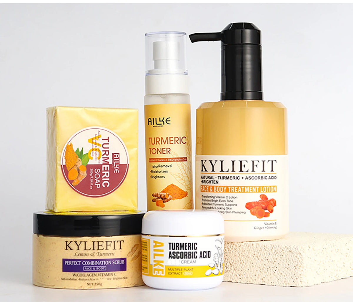 Unisex AILKE Turmeric Skin Care for acne and pore refining, featuring a lightening formula in a sleek skincare bottle.