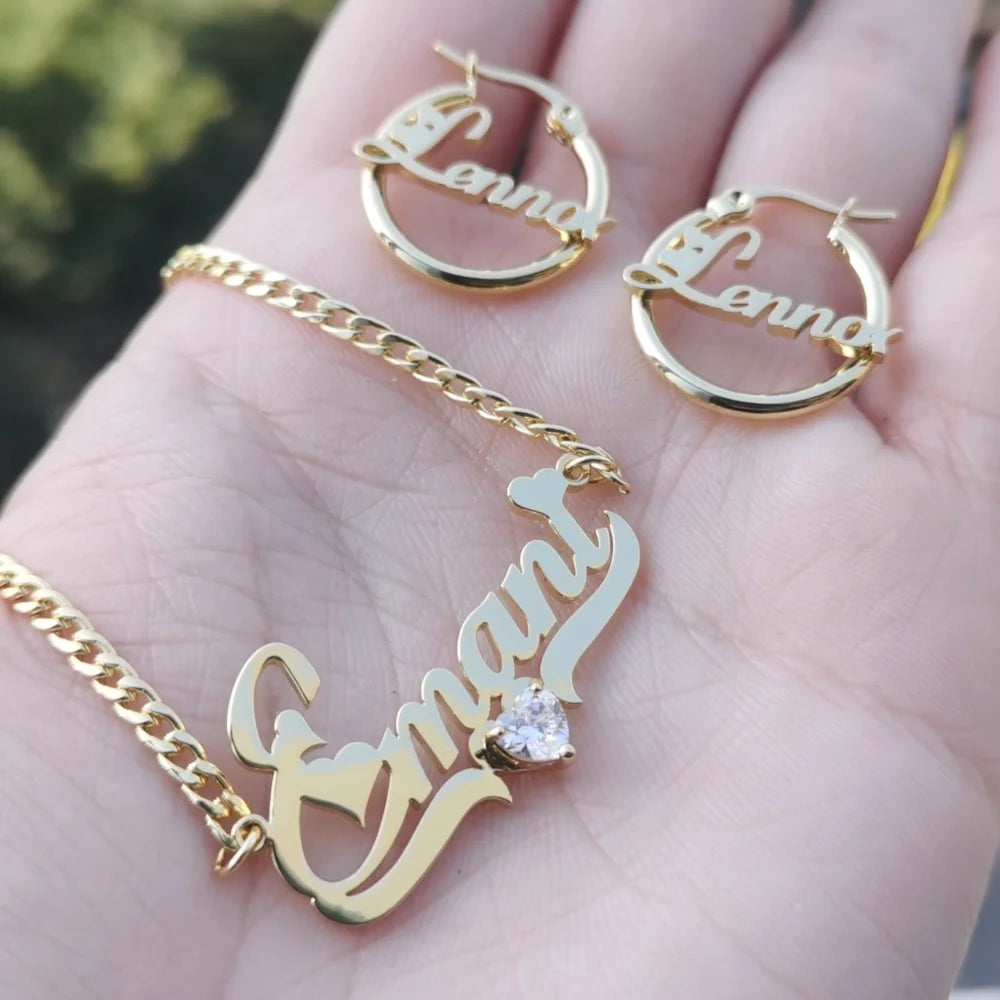 Hot Trend Vault custom name heart zircon necklace and earrings set with sparkling stones, perfect for gift-giving.