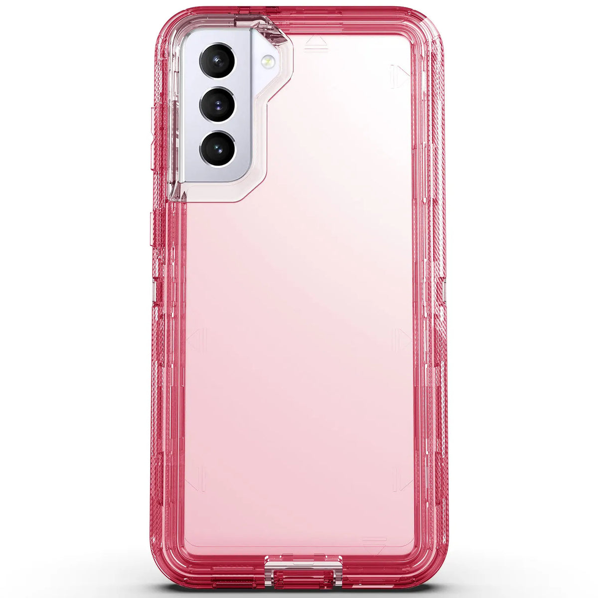 Hot Trend Vault Galaxy S21 Series transparent shockproof case with two tempered glass screen protectors, showing protective design and clear material.