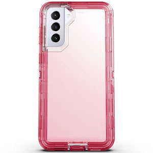 Hot Trend Vault Galaxy S21 Series transparent shockproof case with two tempered glass screen protectors, showing protective design and clear material.