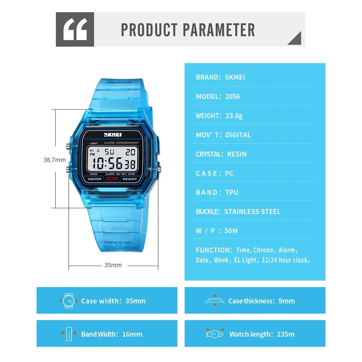 Hot Trend Vault SKMEI 2056 waterproof unisex digital countdown watch with date, showing a sleek black design and digital display.