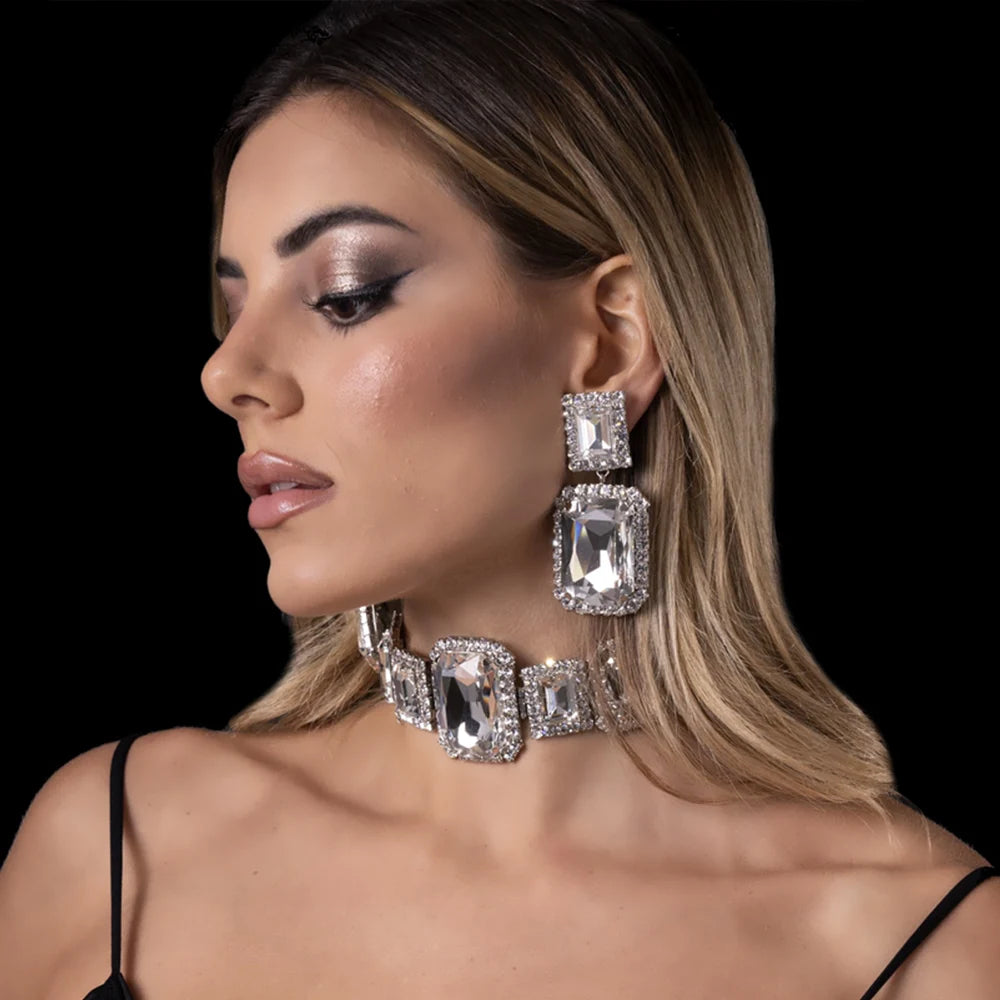 Hot Trend Vault Stone Fans geometric crystal necklace and earrings set featuring sparkling bridal jewelry for brides.