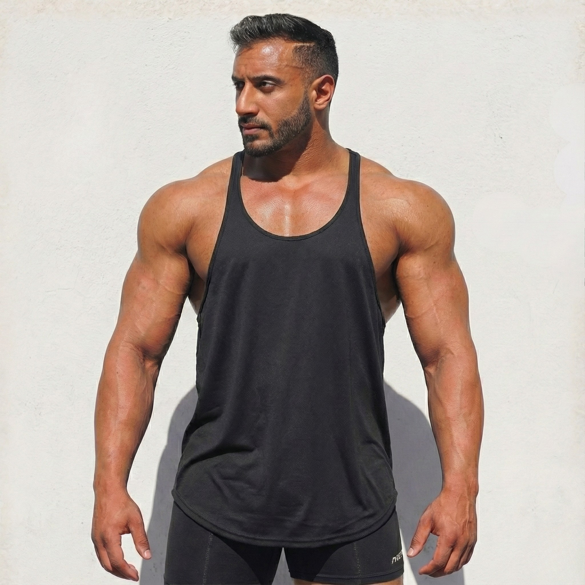 Black original stringer tank top by Physique Bodyware, made in the USA, from Hot Trend Vault, displayed on a plain background.