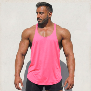 Neon pink original stringer tank top by Physique Bodyware, made in the USA, featuring sleeveless athletic design for workout wear.