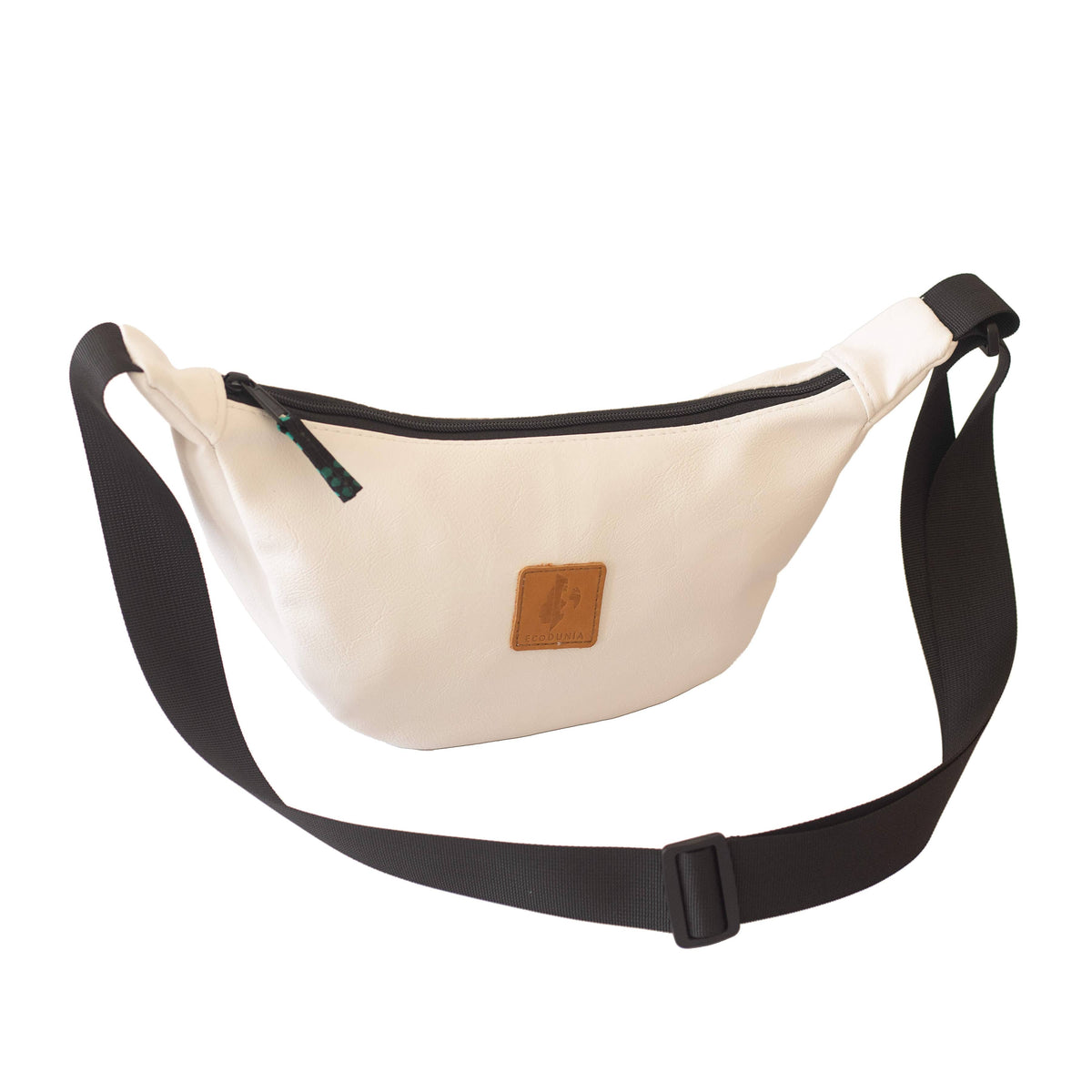 White round mini vegan leather shoulder bag by Ecodunia with colorful Kenyan fabric lining, stylish and compact accessory.