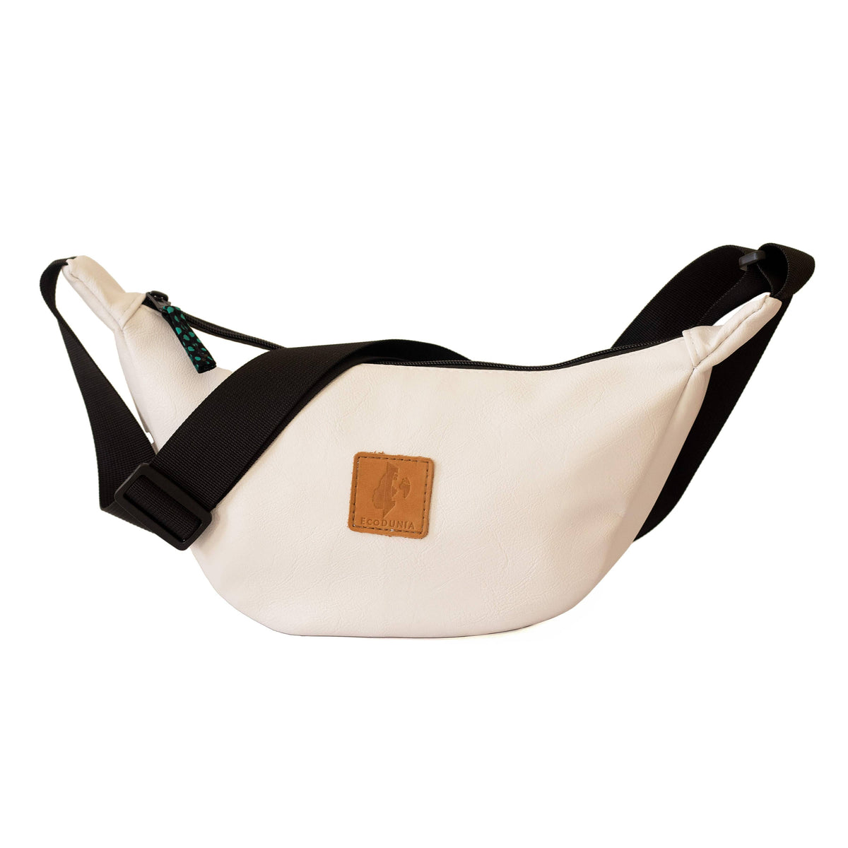 White round mini vegan leather shoulder bag with Kenyan fabric lining, stylish Ecodunia crossbody bag for casual or chic looks.