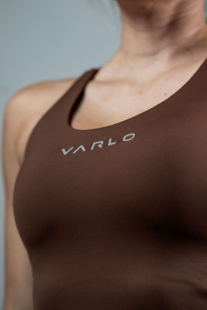 Women’s Soho cross back crop tank top in city mocha by Hot Trend Vault, featuring built-in support and a stylish cross-back design.