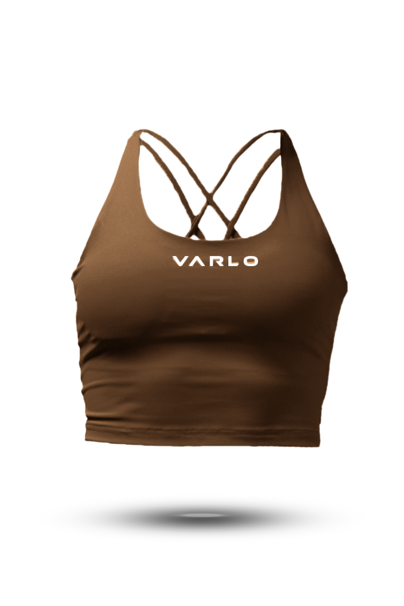 Women’s Soho cross-back crop tank top in City Mocha by Hot Trend Vault, featuring built-in support and stylish design.