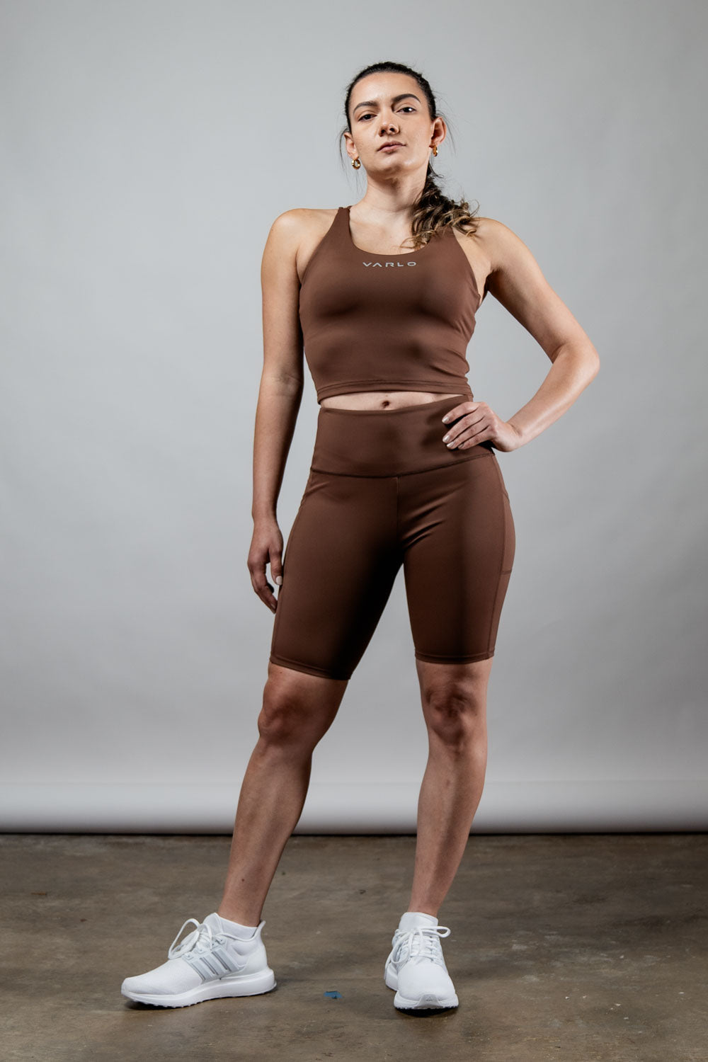 Women’s Soho cross-back crop tank top in City Mocha by Hot Trend Vault, featuring built-in support and a stylish cross-back design.