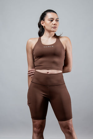 Women’s Soho Cross Back Crop Tank Top in City Mocha by Hot Trend Vault, featuring built-in support and stylish cross-back design.