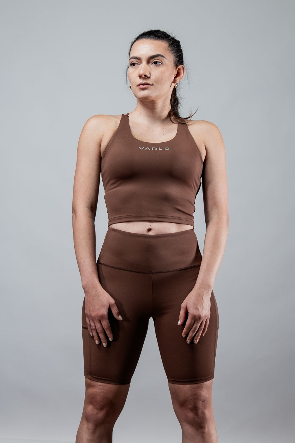 Women’s Soho cross-back crop tank top in City Mocha by Hot Trend Vault, featuring built-in support and stylish design.