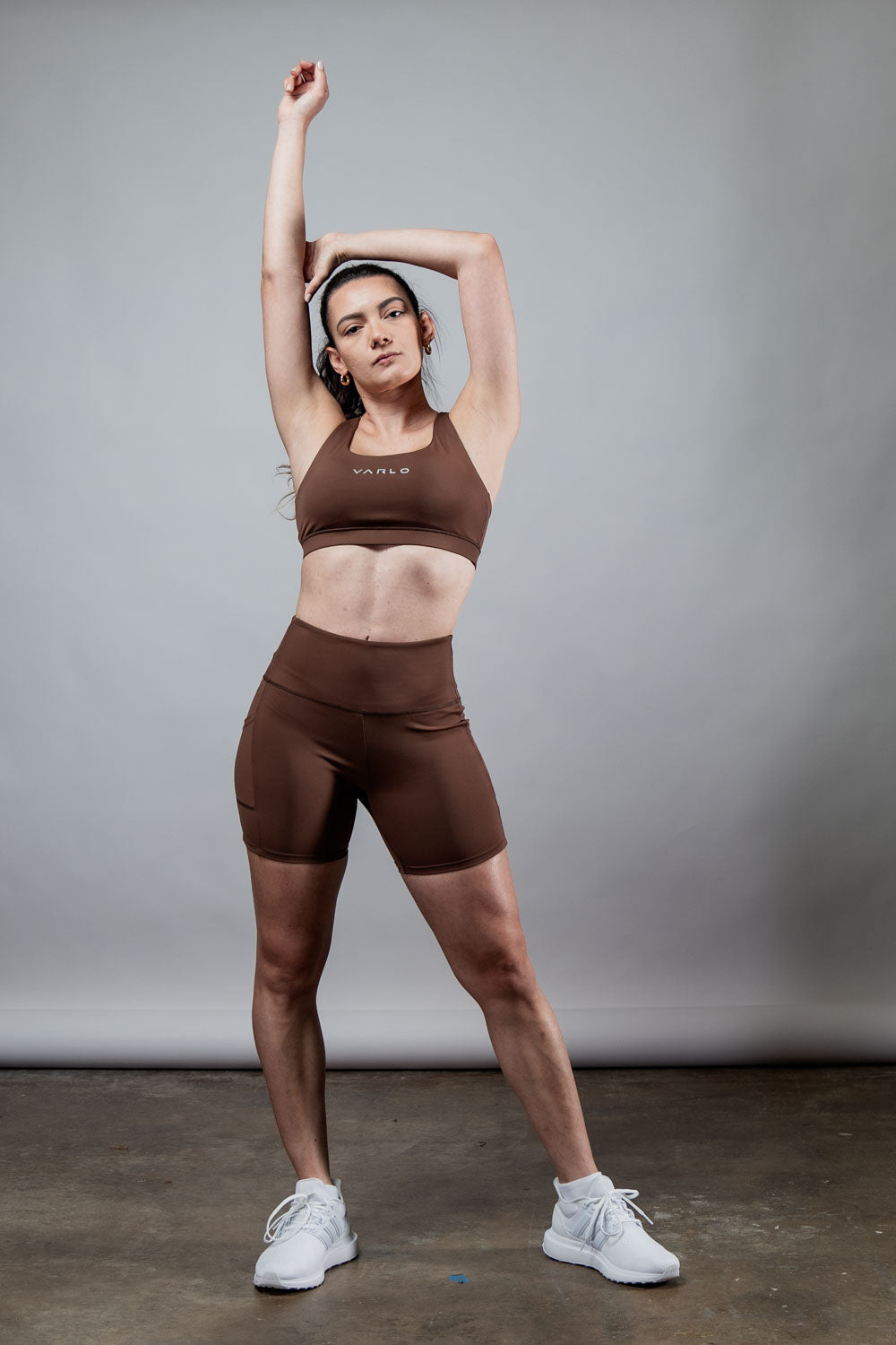 Women’s SOHO Cross Back Sports Bra by Hot Trend Vault in City Mocha with breathable, supportive design for active wear.