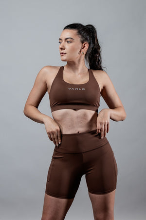 Women’s City Mocha breathable sports bra with cross back design by Hot Trend Vault, offering supportive activewear for women.