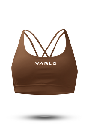 Women's City Mocha breathable sports bra with cross back design by Hot Trend Vault, providing supportive activewear for women.