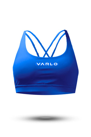Women’s Soho Cross Back Sports Bra by Hot Trend Vault in Neo Blue, breathable fabric, supportive design, and cross-back straps.
