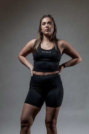 Black women's Soho 5-inch inseam fitness shorts from Hot Trend Vault, showing breathable fabric and sporty fit.