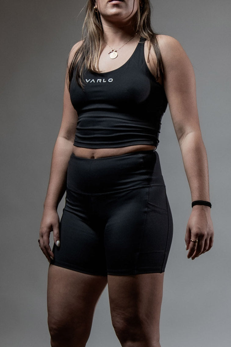 Women’s Soho 5-inch inseam fitness shorts by Hot Trend Vault in breathable black fabric, designed for active performance.