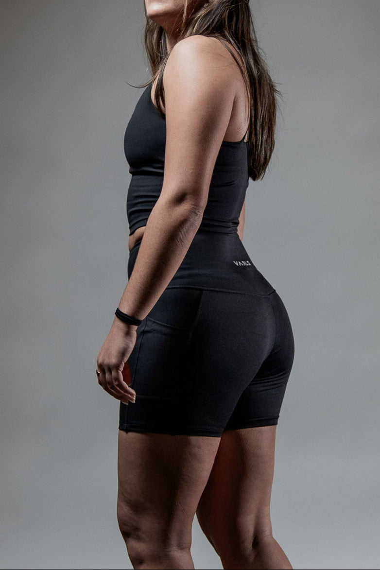 Black Women's Soho 5-inch inseam fitness shorts by Hot Trend Vault, featuring breathable performance fabric and a comfortable fit.